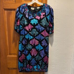Vintage 90’s Oleg Cassini Multicolor Sequin Mini Dress